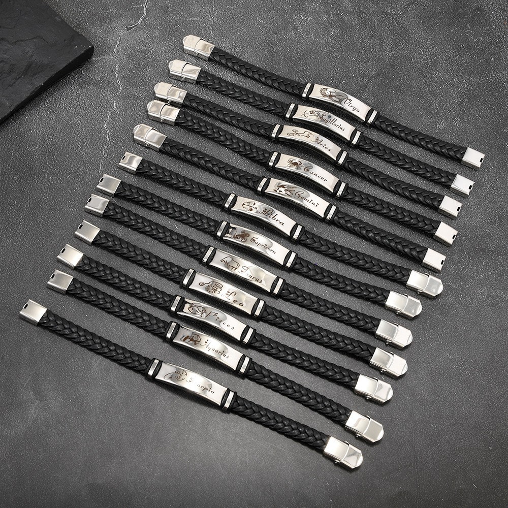 In Europe and America, there are 12 popular zodiac sign bracelets, fashionable and individual men's stainless steel leather bracelets, student couple accessories and jewelry details Picture