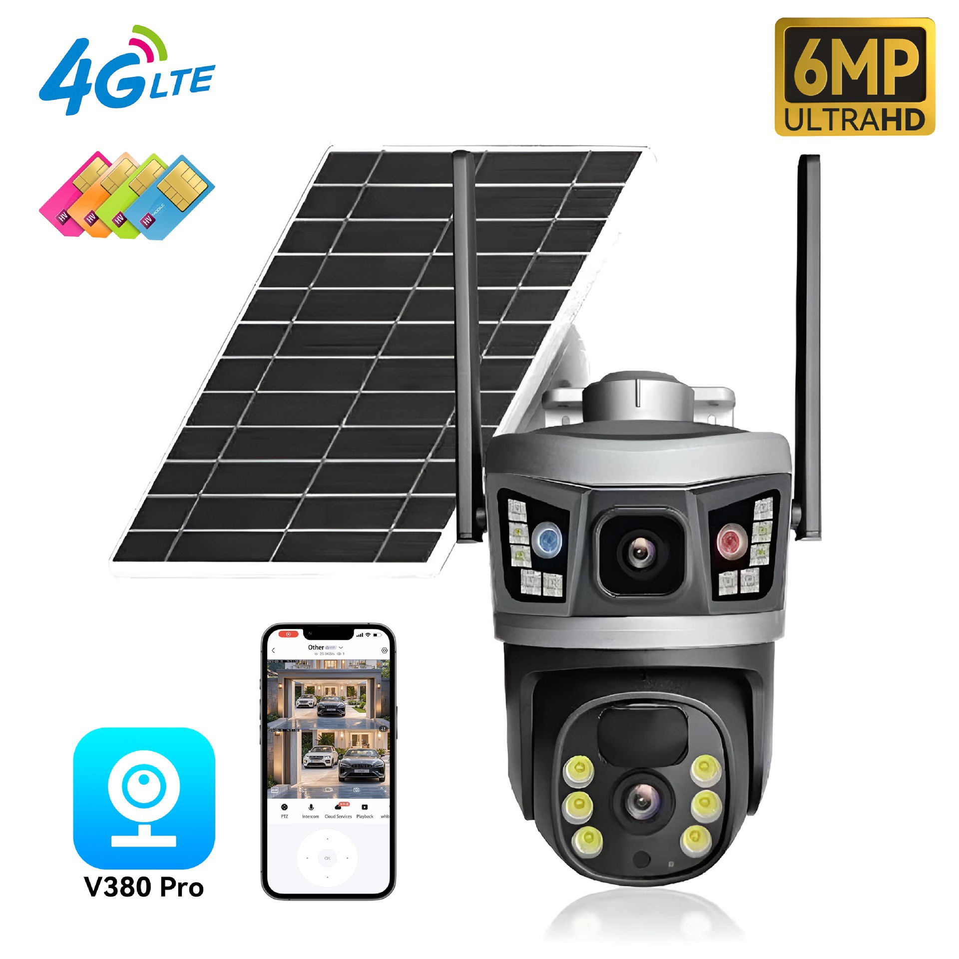 The V380 is equipped with a 6-megapixel solar-powered dual-eye low-power 4G camera for 365-day standby monitoring through WIFI gun and ball linkage