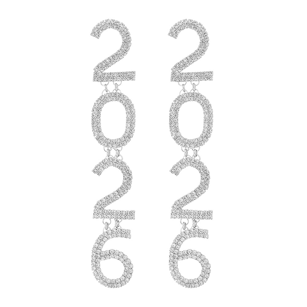 New cross-border New Year earrings with the number 2026 from Europe and America, exaggerated water diamonds, shiny earrings, AB full diamonds, New Year's Eve atmosphere, diamond-encrusted earrings Application Scenario