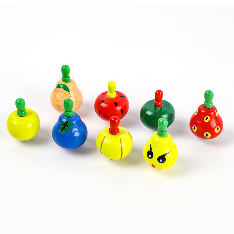 Colorful small wooden fruit gyroscope, traditional nostalgic children's cartoon wooden educational toy, wooden gyroscope craftsmanship Item Picture