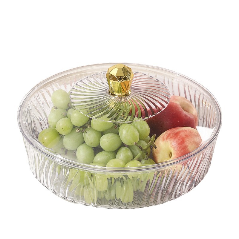 A light luxury round fruit plate with a plastic lid, a desktop candy and snack storage box, a high-end dried fruit plate for home living room Item Picture