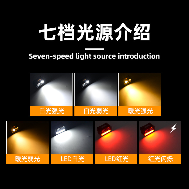 Cross-border smart sensor headlamp, strong light charging, portable yellow, white and red three light sources, long battery life, night fishing light, night running light Specification image