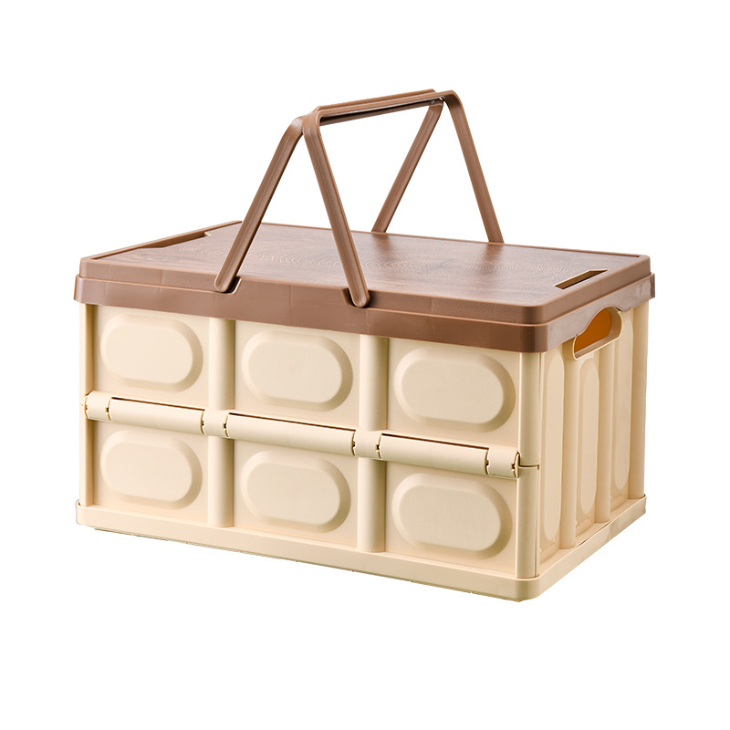 Outdoor folding storage and organization box, portable wooden lid storage box, car trunk, picnic folding box Application Scenario