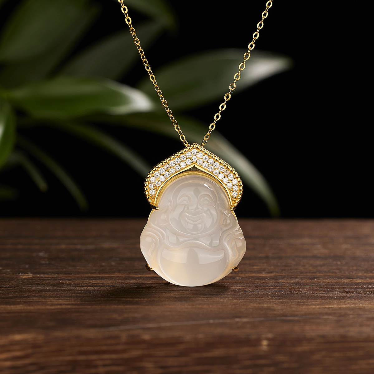 S925 Silver Buddha God Gold Medal Necklace with diamond-encrusted white ice chalcedard, large-bellied Buddha Necklace, Maitreya Buddha Pendant, New Chinese-style jewelry for women