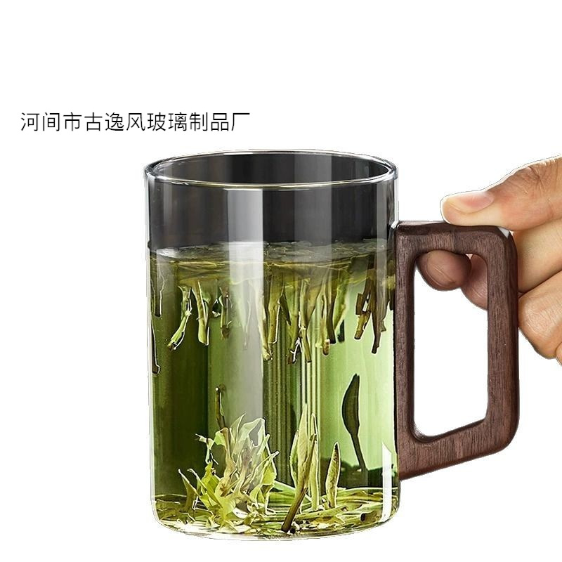 High borosilicate high-temperature resistant solid wood handle water cup, coffee cup, office water cup, smoke grey glass cup, durable tea cup Item Picture