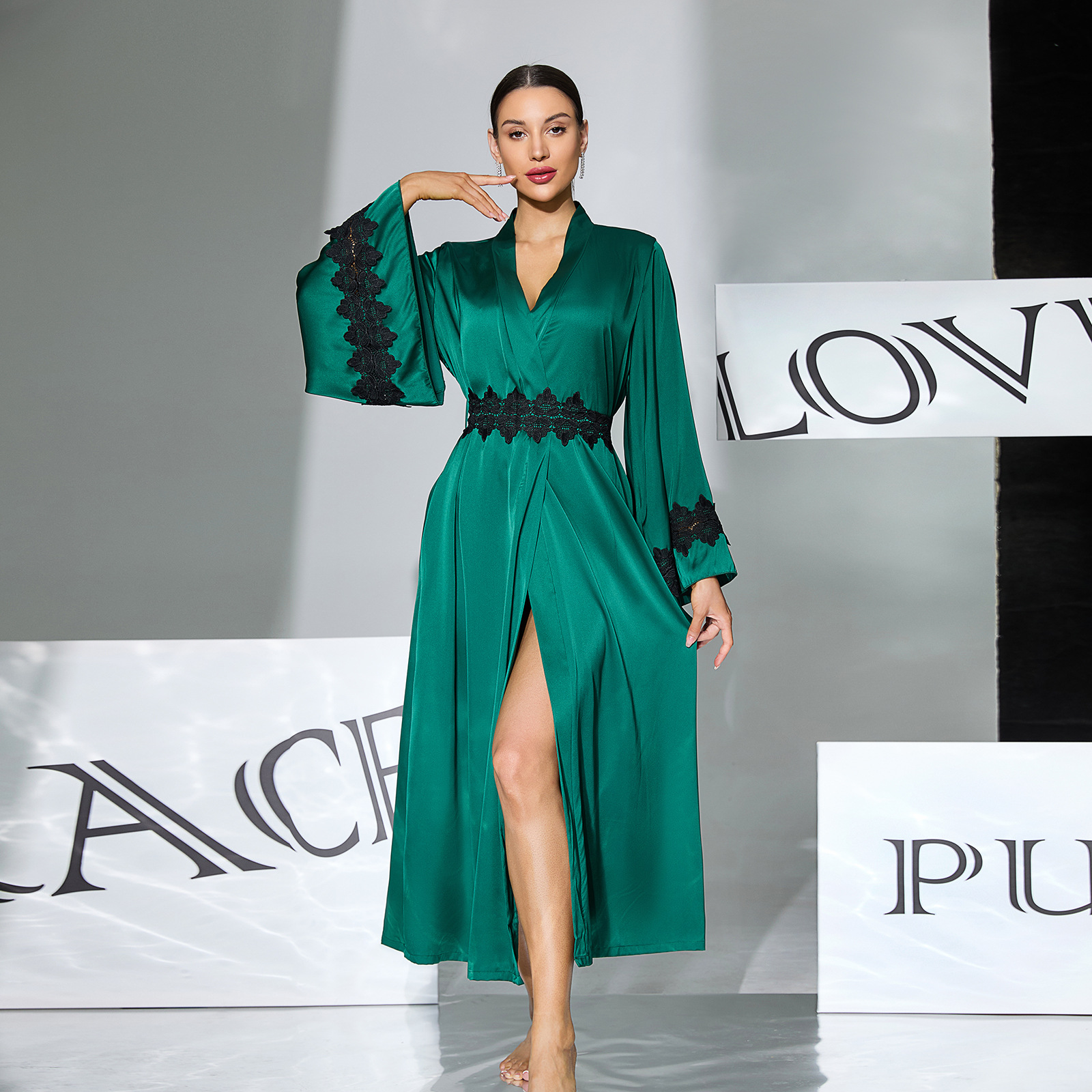 Sexy and light luxury lady's satin bathrobe with water-soluble floral decoration, flared sleeves, cinched waist and tie, foreign trade style home wear 1145 details Picture