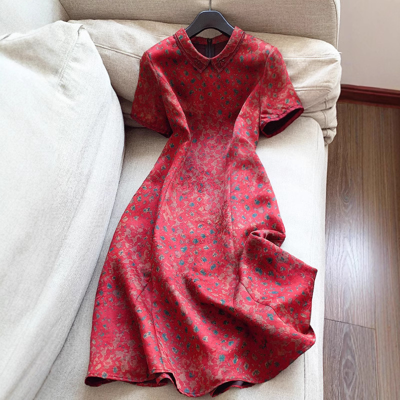 2025新复古旗袍桑蚕丝 真丝花萝 收腰小鱼尾连衣裙批发H01AQ88051
