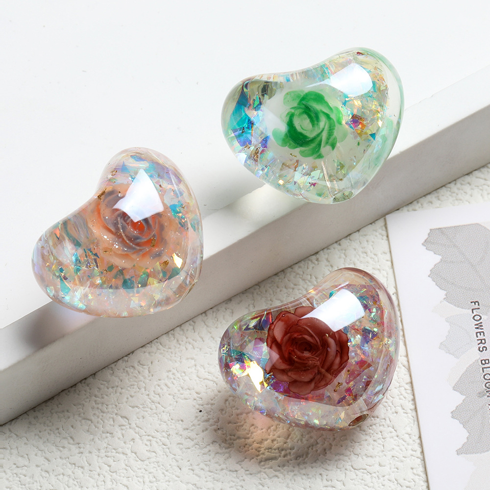 Optical rose-plated heart vertical hole with beads, electroplated resin round beads, loose beads, DIY jewelry keychain accessories Item Picture