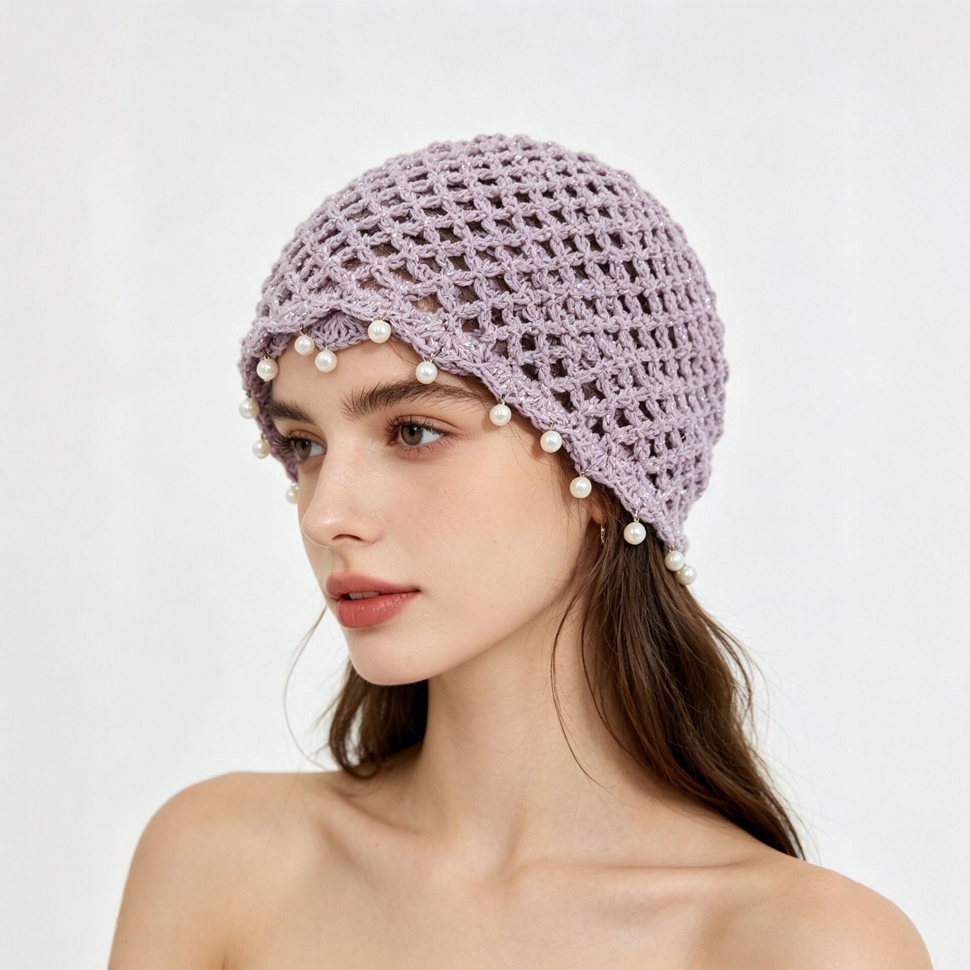 Hecho a mano hook flor hueco perla bolsa headcap mujeres verano transpirable rostro artístico pequeño sombrero de punto versátil moda