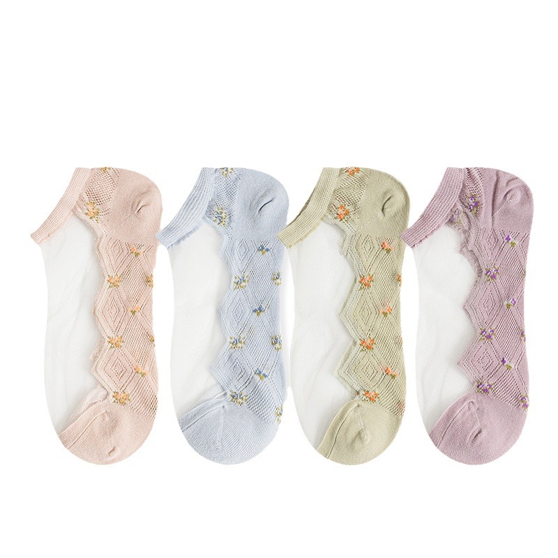 Glass fiber crystal socks for women's summer, thin cotton-soled chiffon short socks, popular Instagram trendy summer shallow mouth boat socks Item Picture
