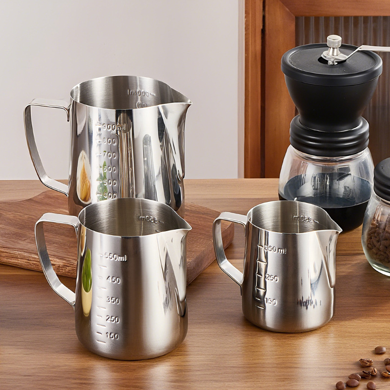Cross-border bestseller stainless steel latte art cup with scale, latte art jar, pointed spout, household latte art tool, milk foam cup 350ml details Picture