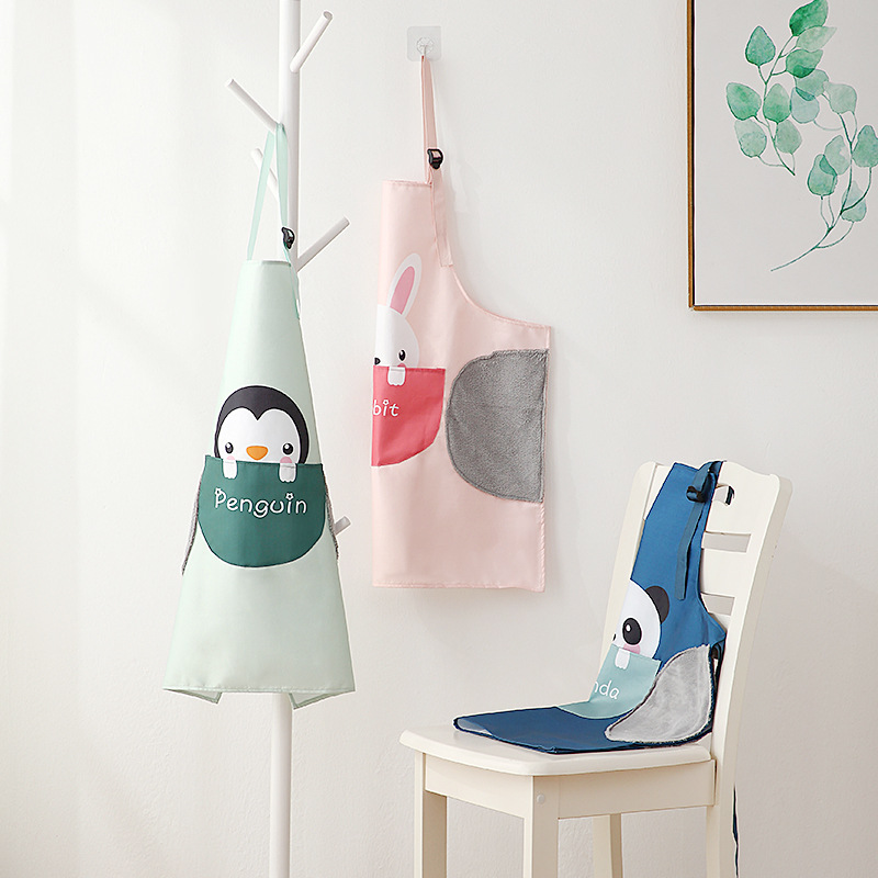 原创设计 擦手围裙女三合一可爱围裙家用厨房围裙带抹布防水防油