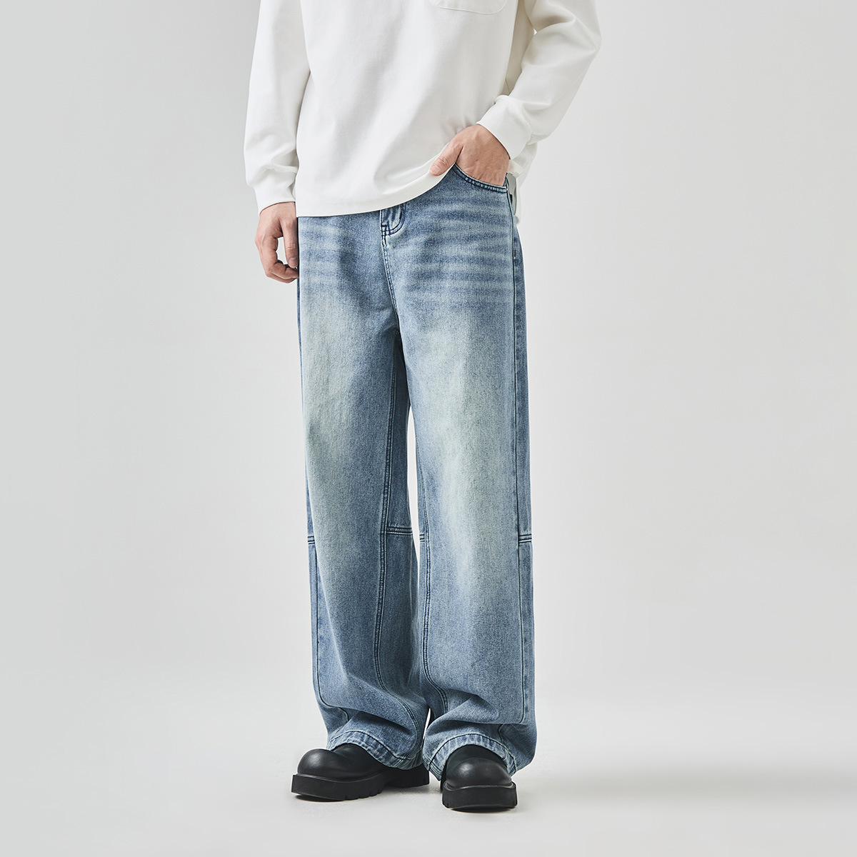 APO Men's Wear: Cross-border Men's jeans for autumn, American high street loose straight leg, trendy and versatile, patchwork long pants Application Scenario