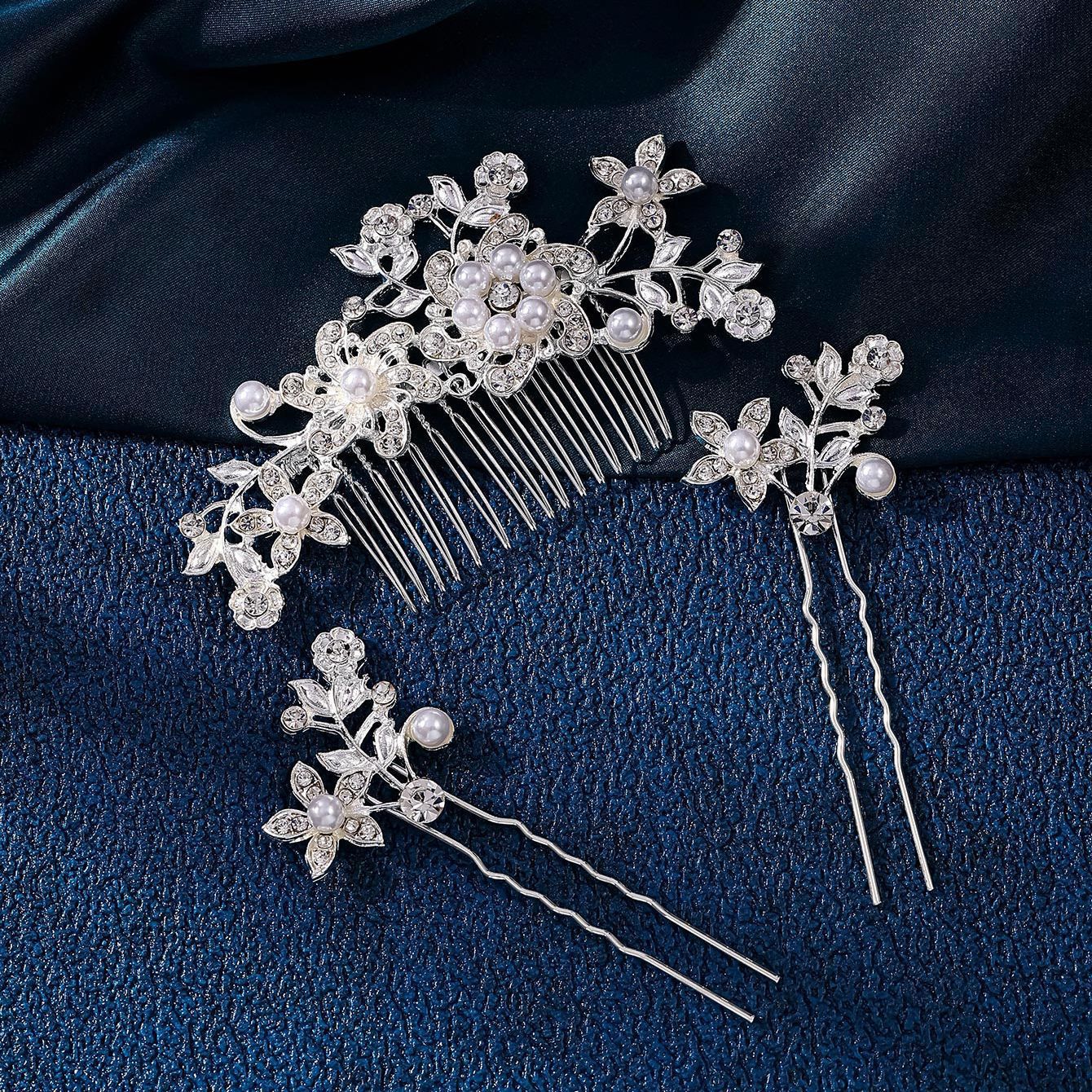 Wholesale of Amazon's best-selling European and American popular bridal hair combs, floral rhinestones, pearl combs, and fashionable alloy headwear details Picture