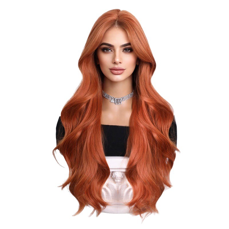 New wig for women, bright orange large wavy long hair, mid-parted chemical fiber wig, wholesale in Yiwu, long curly hair Item Picture
