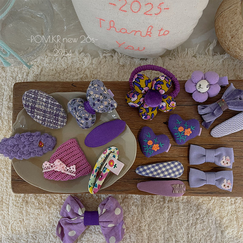pom.kr Korean version purple fabric handmade children's bye-bye clip retro knitted embroidered flower duck clip headwear for women