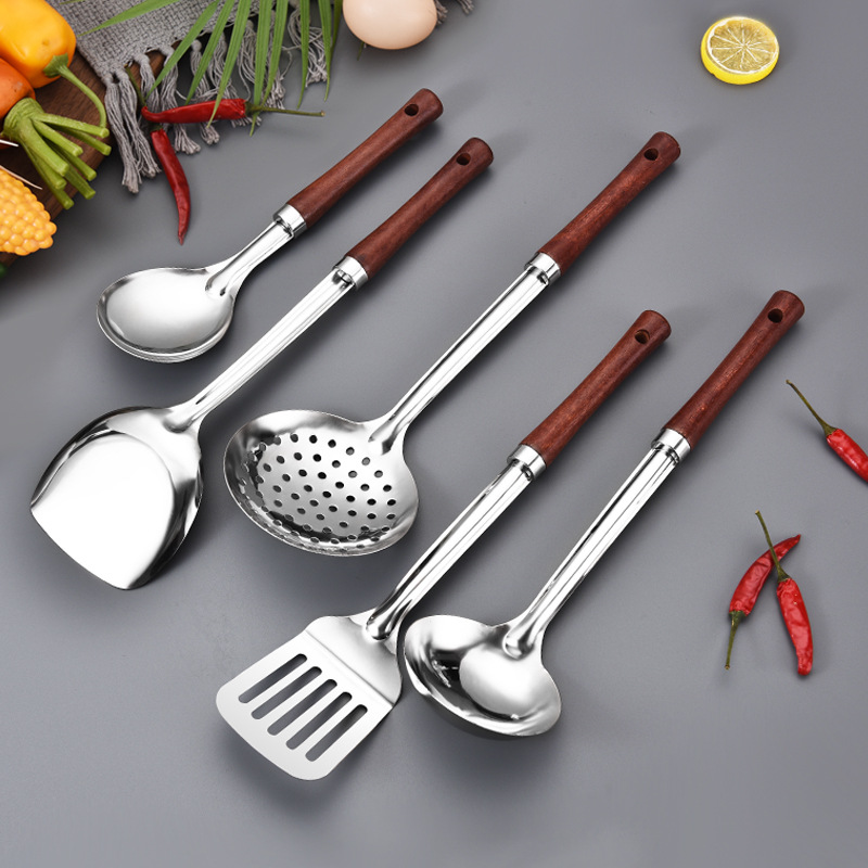 家用不锈钢厨具煎炒铲子木柄锅铲厨房五件套火锅漏勺汤勺批发