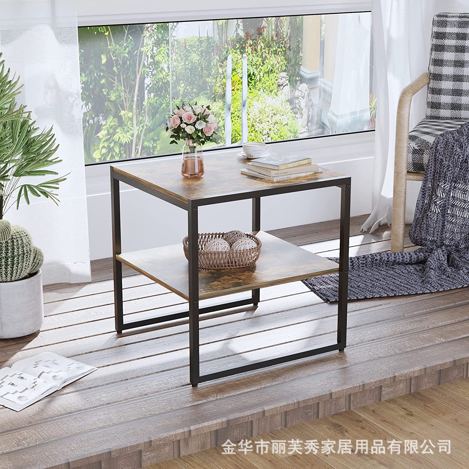 跨境专供简约钢木家具卧室床头柜简易客厅沙发边桌茶几阳台小方桌