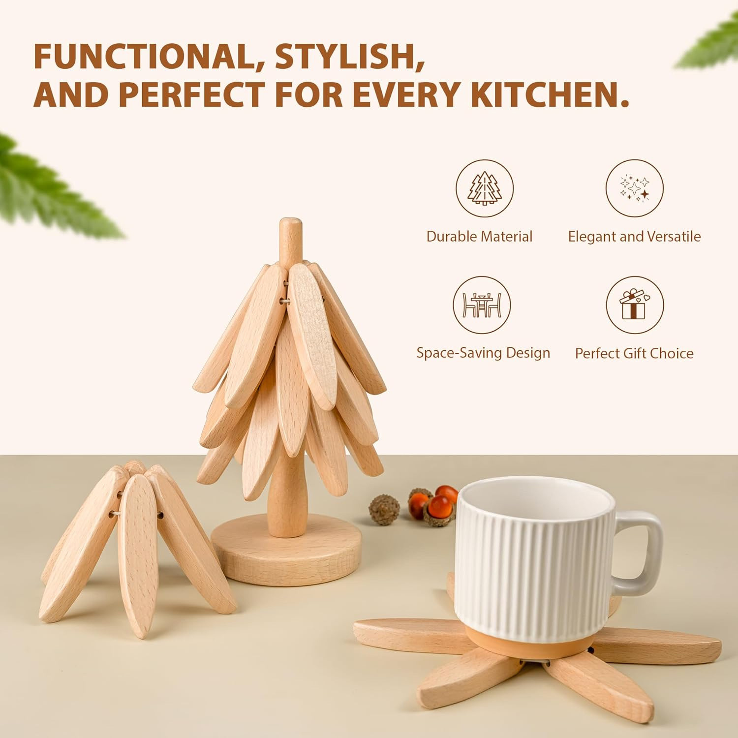 Cross-border foreign trade solid wood Christmas tree coasters, tree heat insulation pads, placemats, high-end style, ins wooden ornaments, creative heat-resistant table MATS, P52 Application Scenario
