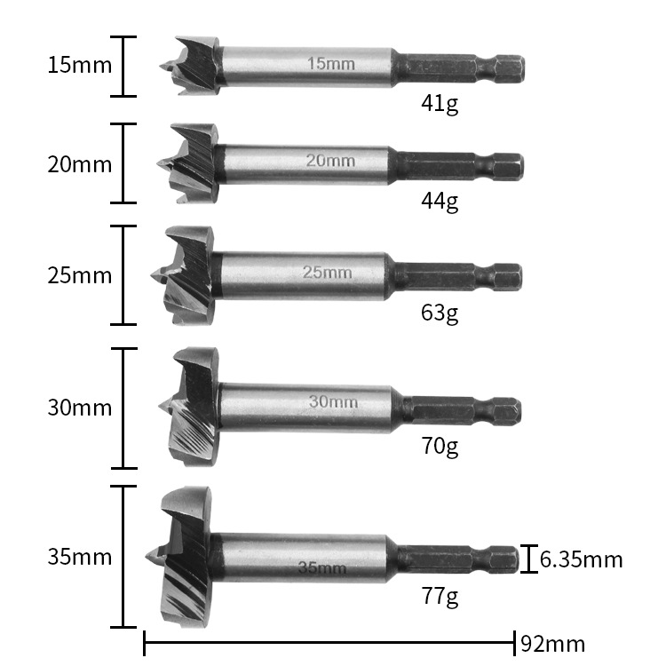 Hexagonal handle woodworking flat wing drill, hand electric drill, reaming drill bit, plastic board, wood board, wood hinge drilling 15-35mm Specification drawing