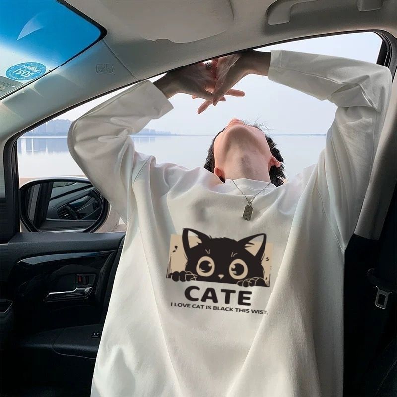 27kids卡通黑猫图案白色长袖T恤儿童棉质童装女童短袖韩版尾货款