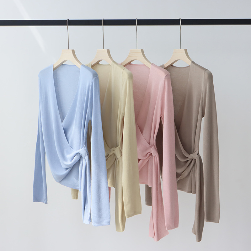 Lyocell Tencel Spring/Summer cross-laced simple style knitted sweater for women, long-sleeved V-neck air-conditioned sweater with lacing design