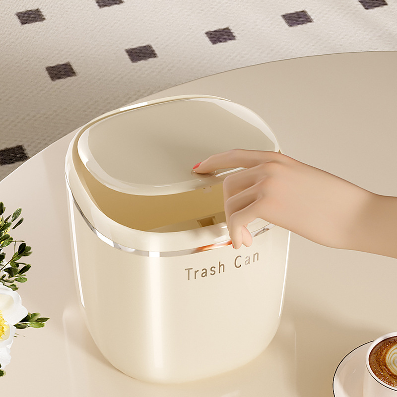 Caja de basura de escritorio hogar mini cute cabecera cubo de almacenamiento cesta de basura sala de estar luz lujo prensa con tapa trompeta details Picture
