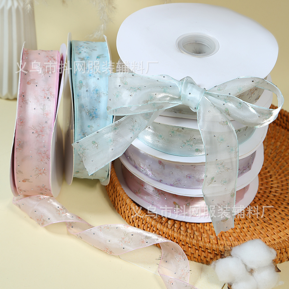4cm spring style snow gauze ribbon with hot diamond, diy handmade bow accessories, jacquard webbing, flower gift box packaging strap wholesale