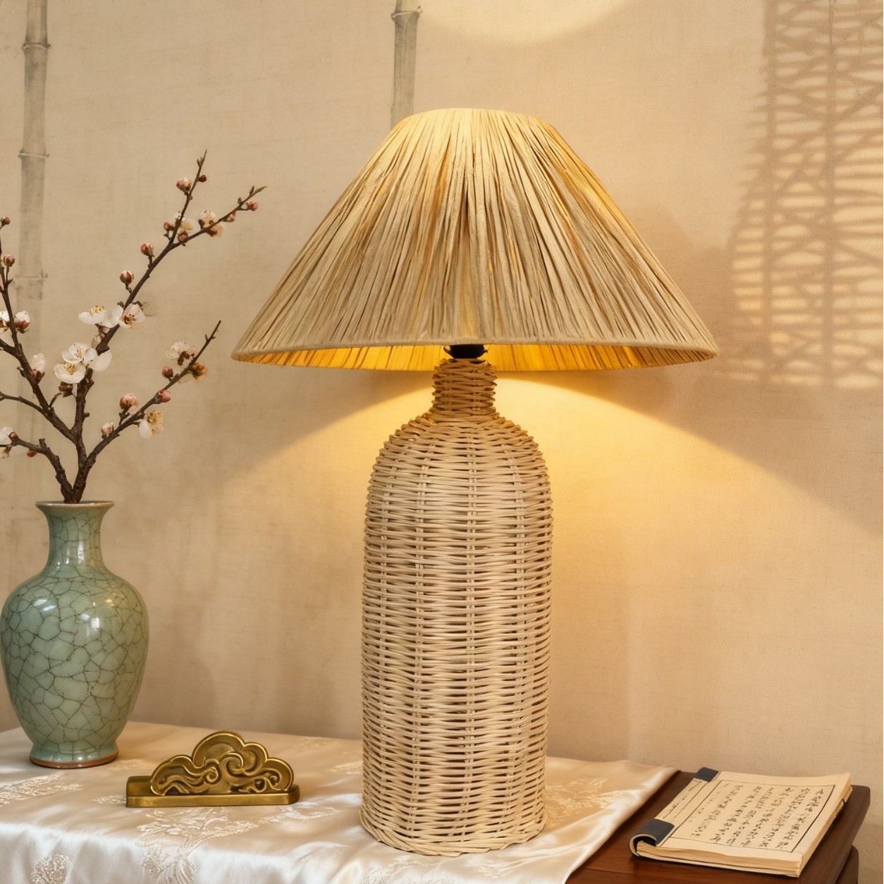 Japanese-style ins bedroom retro bedside lamp, living room homestay decoration, hotel night light, rattan weaving atmosphere table full figure