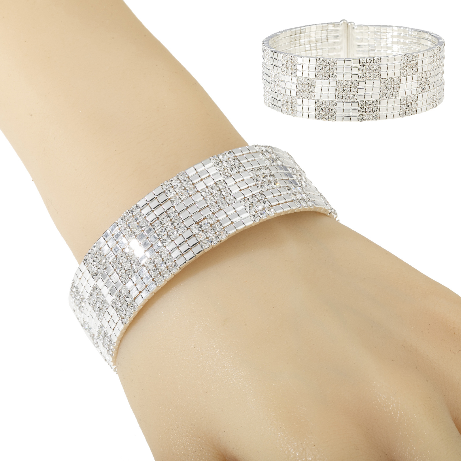 European and American fashion design sense checkered shape open multi-row water diamond bracelet for women's dance performance 9-layer elastic jewelry wholesale full figure
