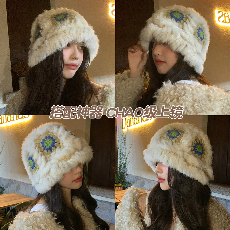 兔毛醒狮帽子女秋冬可爱保暖毛绒渔夫帽百搭显脸小水桶毛茸茸盆帽白底实物图