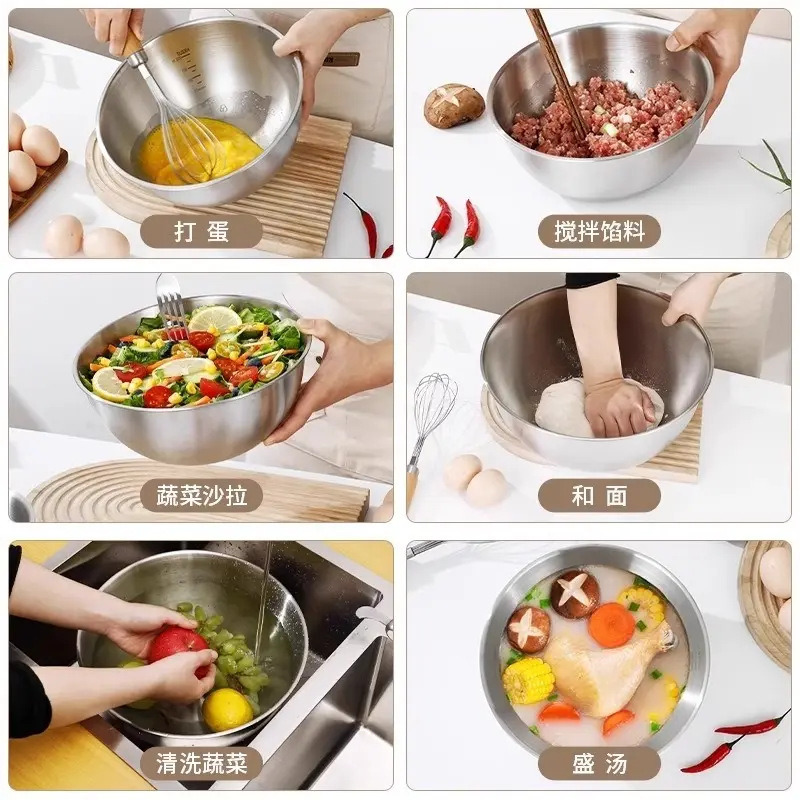Stainless steel household vegetable washing and cooking basin, egg beater basin, deep splash-proof baking whipping cream and noodle salad mixing bowl Specification image