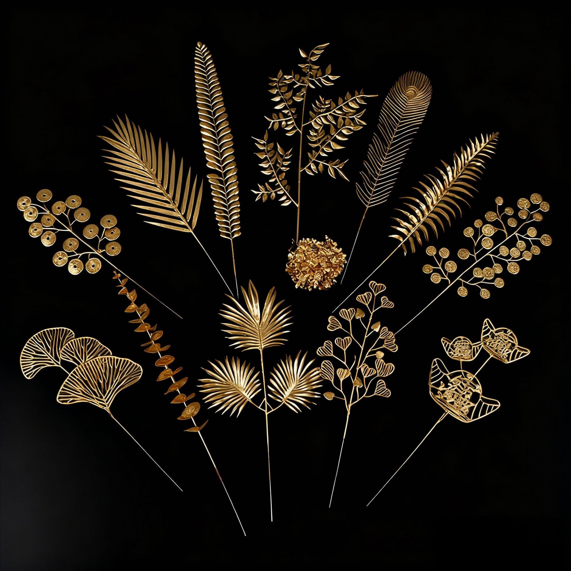 跨境专供金叶子仿真花场景布置家居假花装饰扇叶婚庆银杏叶孔雀翎