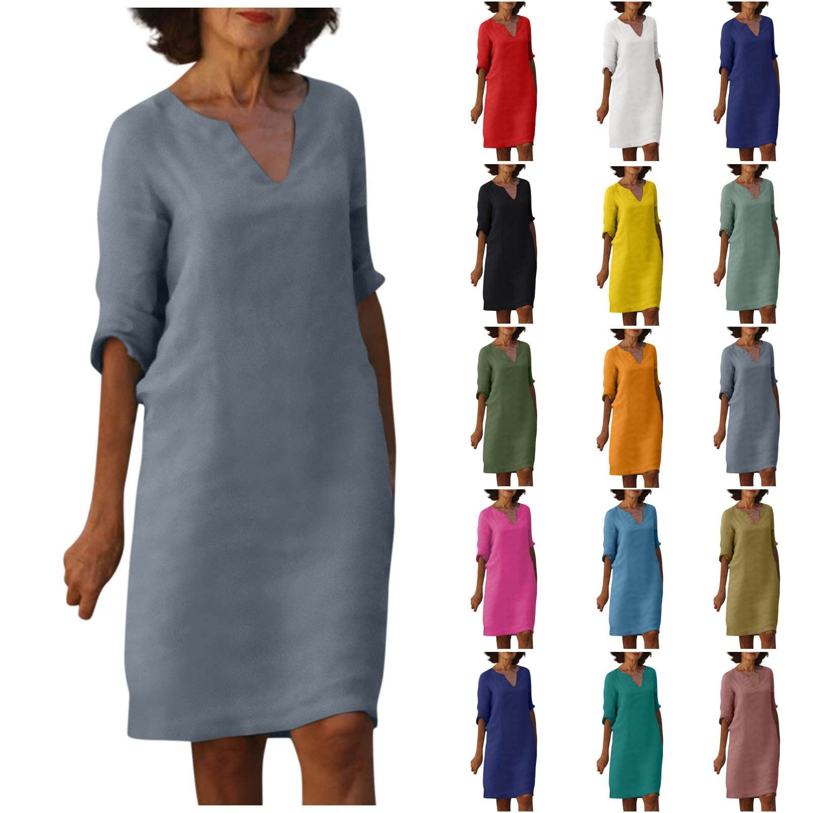 Amazon European and American cotton and linen V-neck patchwork retro high-waisted solid color three-quarter sleeve dress, cotton and linen washed water wrinkle fabric full figure