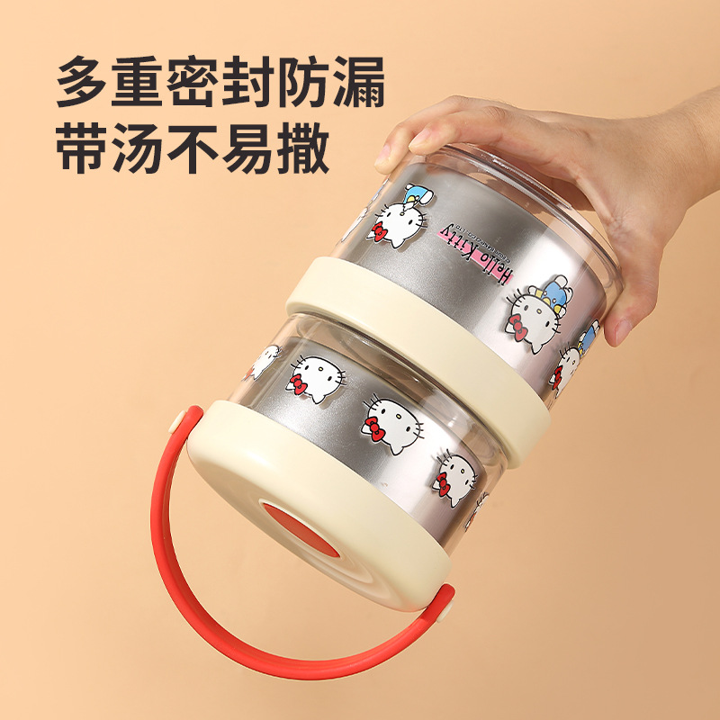 Sanrio Hello Kitty insulated Bowl 304 stainless steel new Stackable lunch box Mini double-layer soup bowl with covered vegetable Specification image