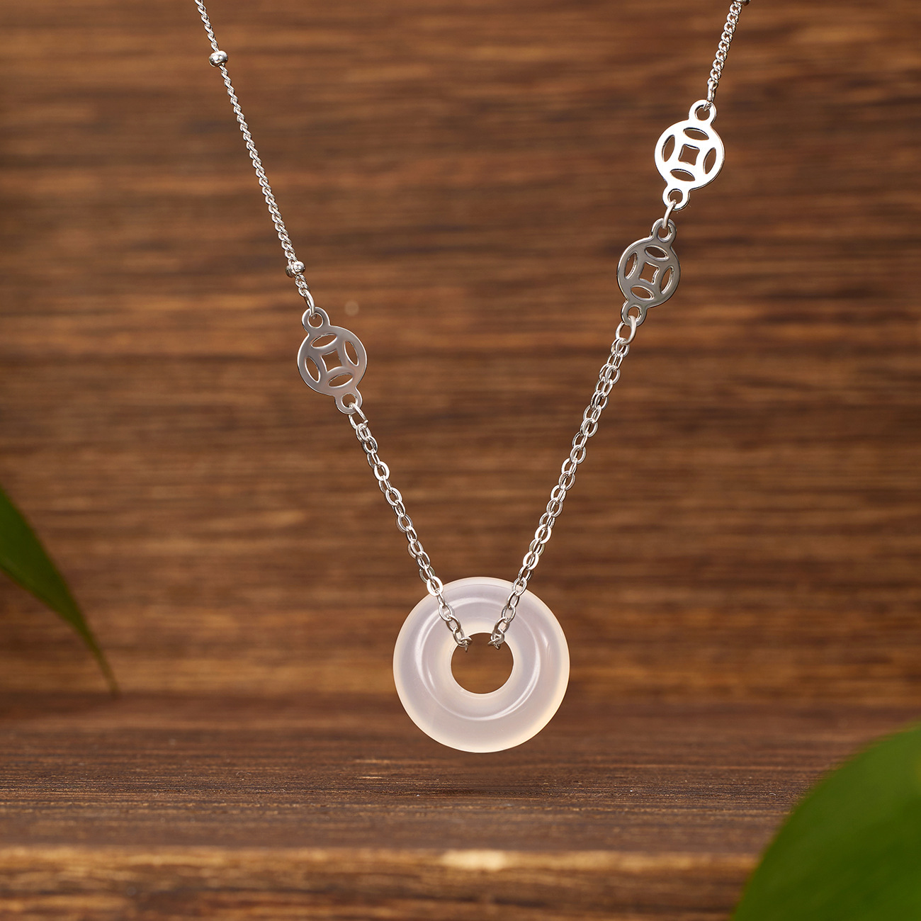 925 Peace Pendant Pure Silver Necklace, women's traditional Chinese style, ethnic style, coin chalcedony, New Chinese style, ins, high-end look