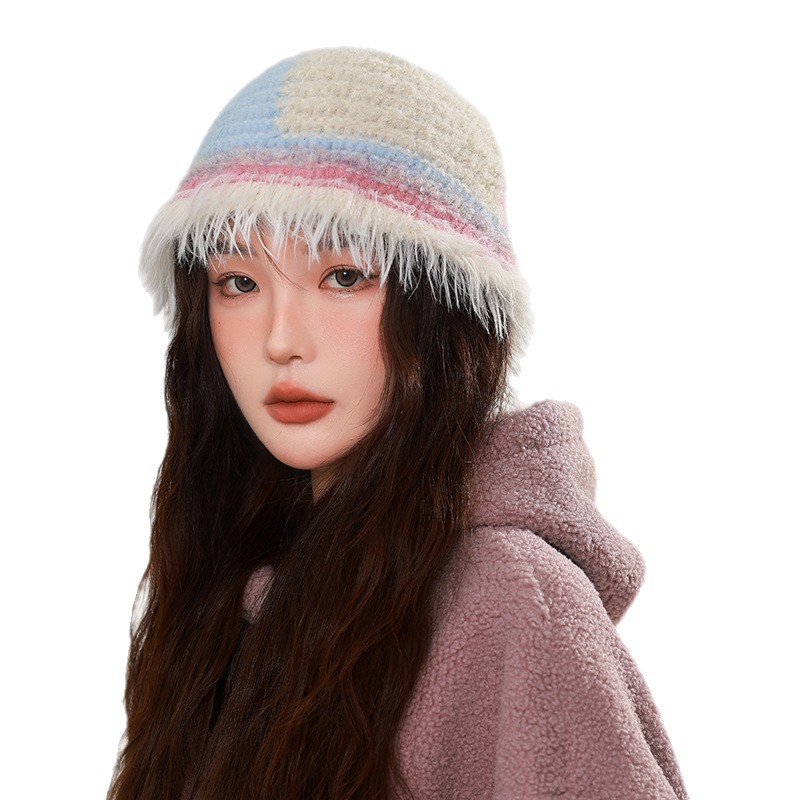 Dopamine woolen cap for women, big head circumference to show face, warm in autumn and winter, rainbow knitted ear-protecting fisherman's hat, bucket cold hat Item Picture