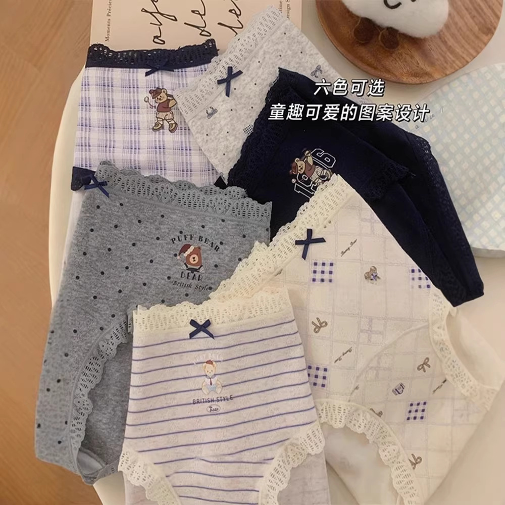College-style little bear underwear for girls, pure cotton 10A antibacterial extended size, 2026 new mid-waist lace triangle pants Item Picture