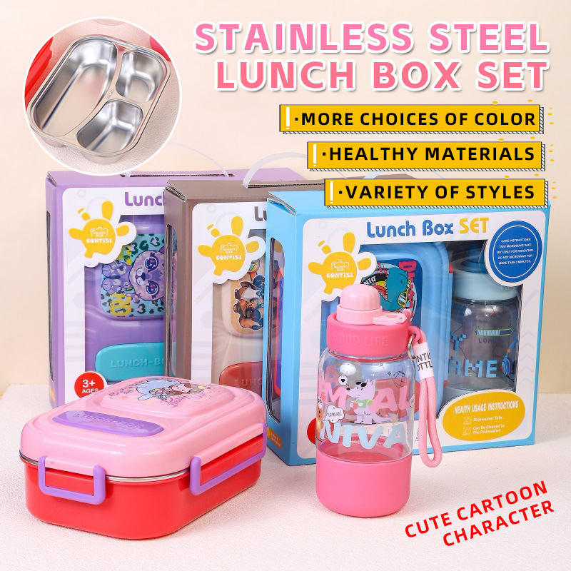 Cross-border children's cute hand-held water cup stainless steel lunch box set manufacturer student cartoon compartments lunch box