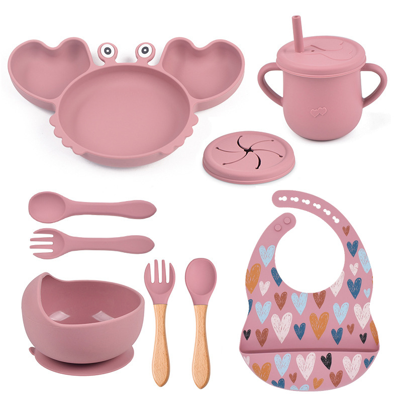 Cross-border baby food silicone crab tableware set, children's silicone suction cup bowl, baby spoon integrated plate full figure