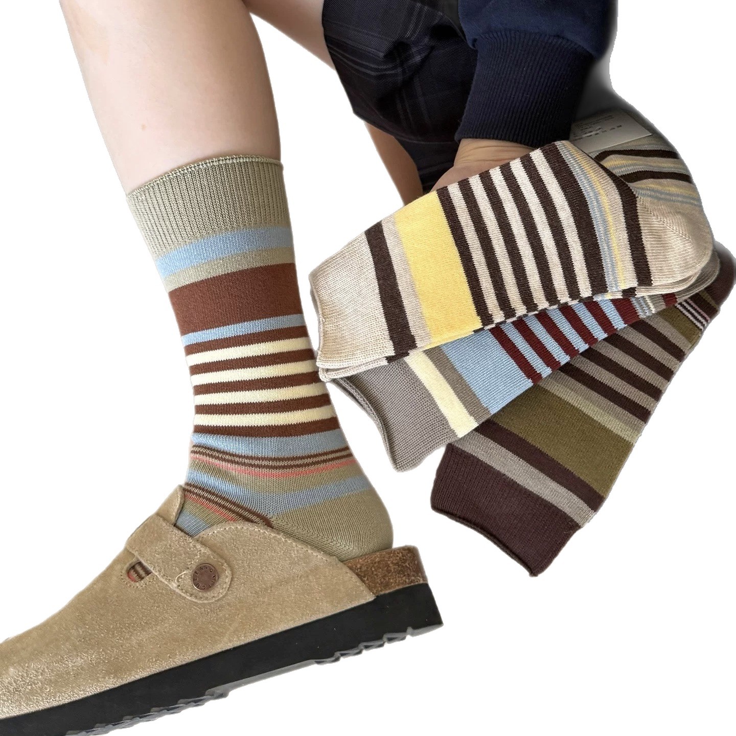 Korean retro forest-themed Merad color-blocking striped mid-calf socks for women, breathable autumn and winter Birken shoes, double-needle pile socks Item Picture