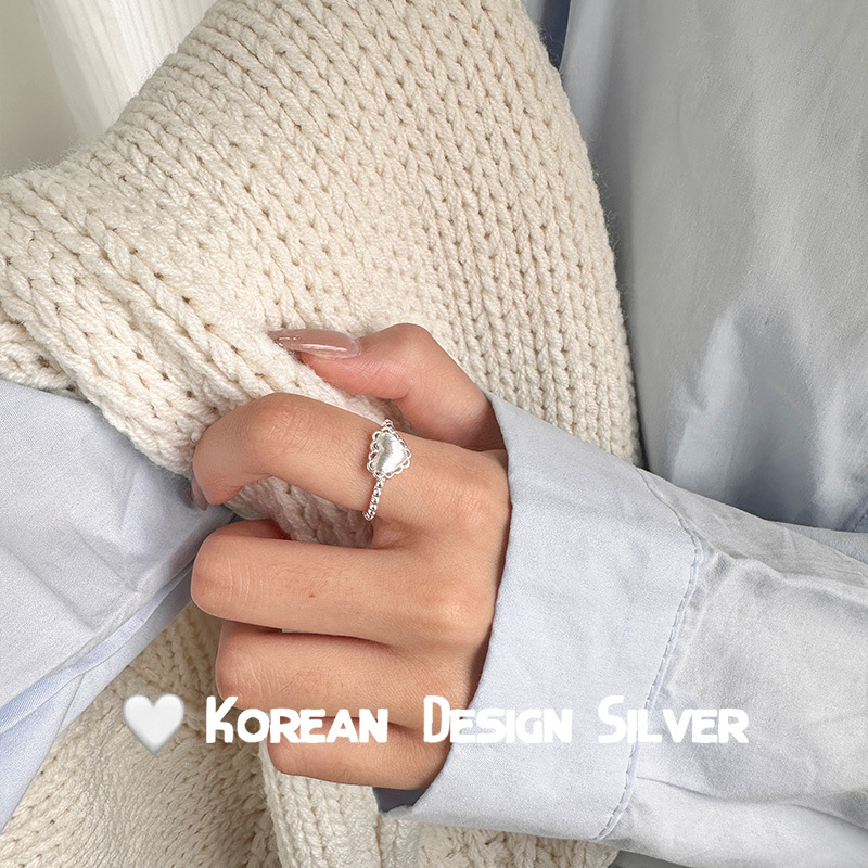 S925纯银拉丝爱心镂空戒指叠戴指环女韩版ins风小众设计款戒指