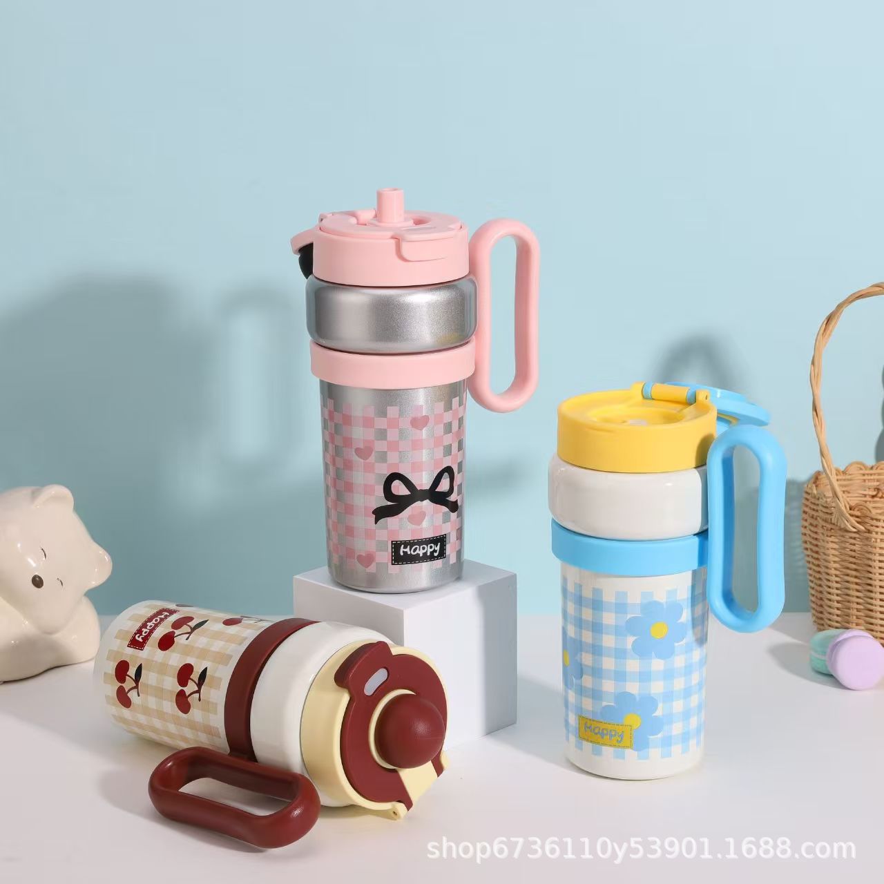 316不锈钢保温杯便携背带提手杯高颜值卡通大容量带吸管双饮水杯