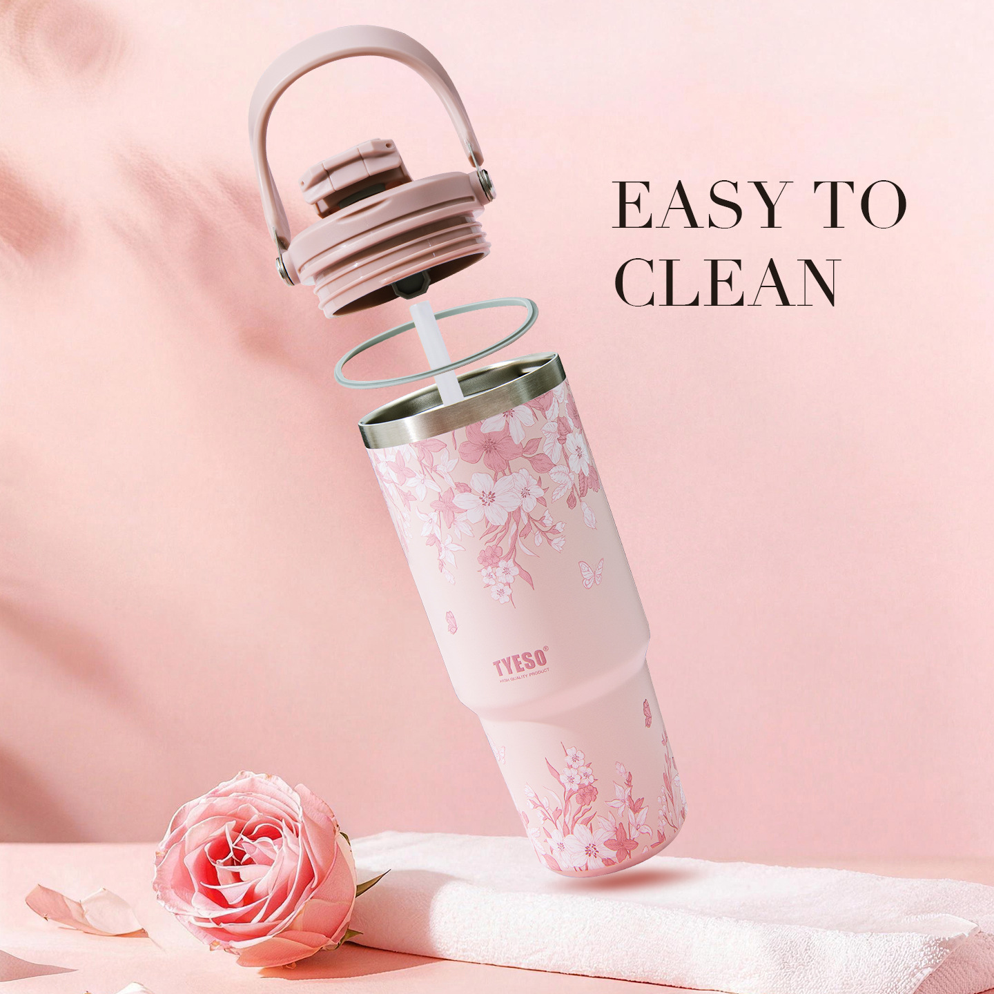 TYESO/泰硕彩色花卉保温杯双层保冷手提冰霸杯双饮车载大容量水杯