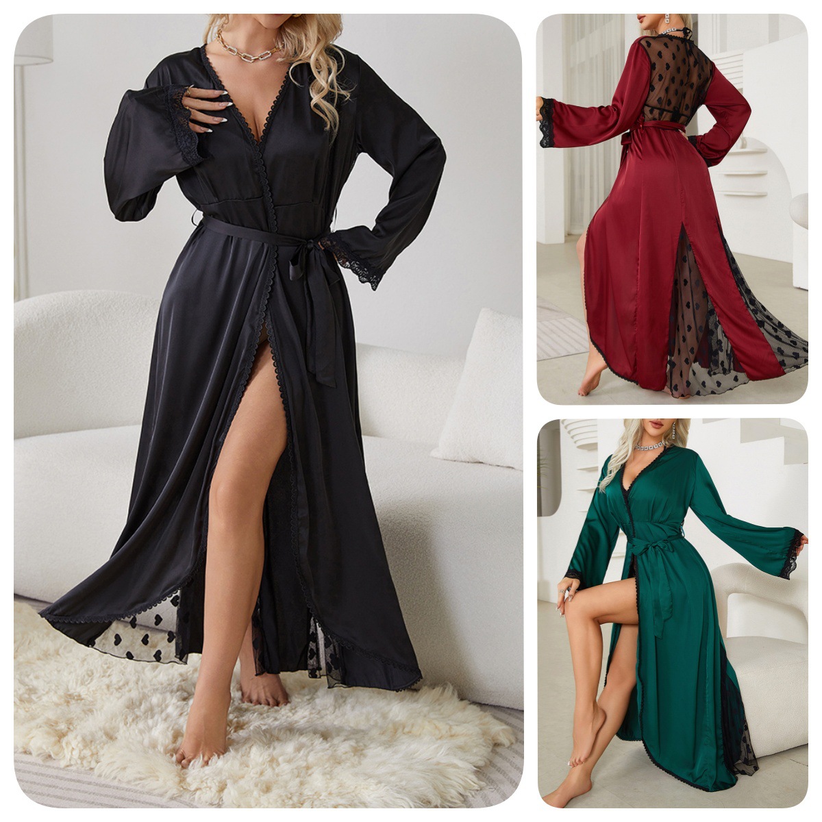 New cross-border light luxury long-sleeved V-neck satin lace patchwork long bathrobe, bathrobe and home wear for women, 657