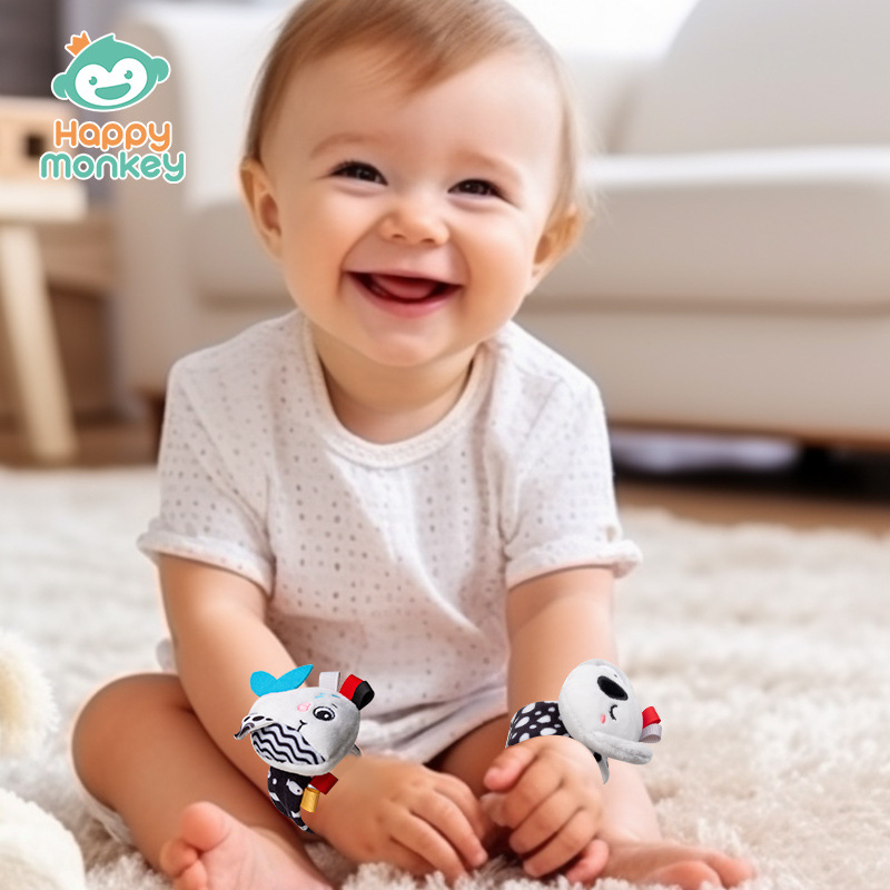 Happymonkey Black and White cartoon animal watch with wrist strap and rattle baby toy for newborns Specification image