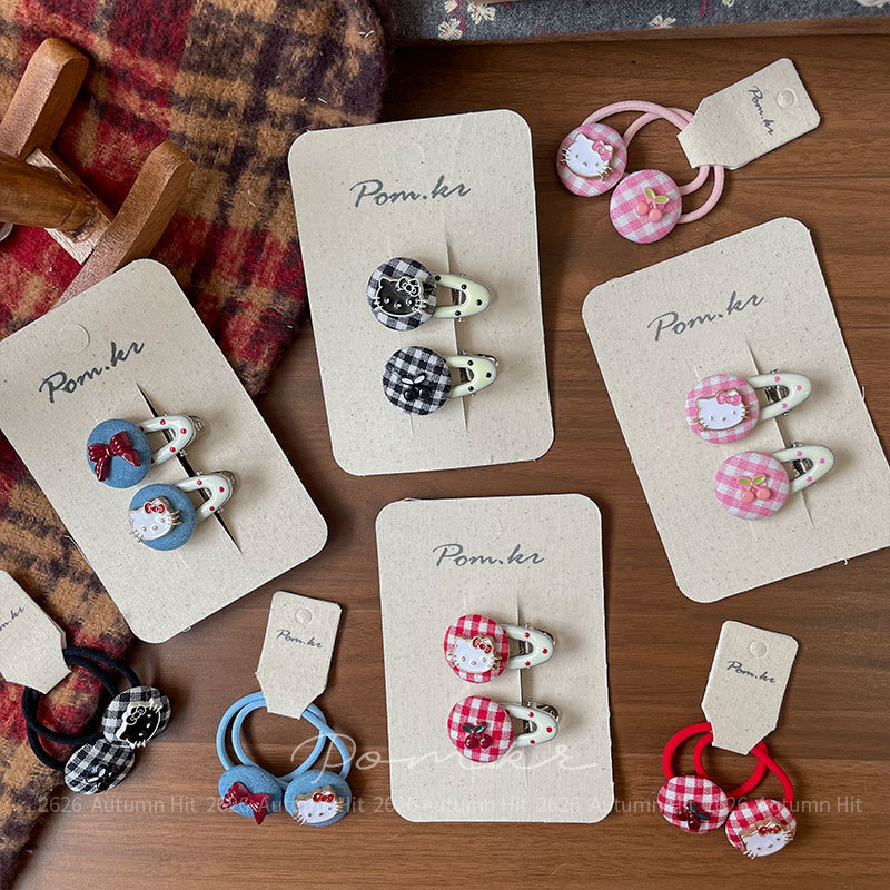 New Korean-style sweet and beautiful kt checkered hair clip for children, side fringe fringe clip, handcrafted elastic hair band and hair accessory, Pom.kr checkered hair accessory: polka dot bow cute children's hair accessory, versatile and fashionable style details Picture