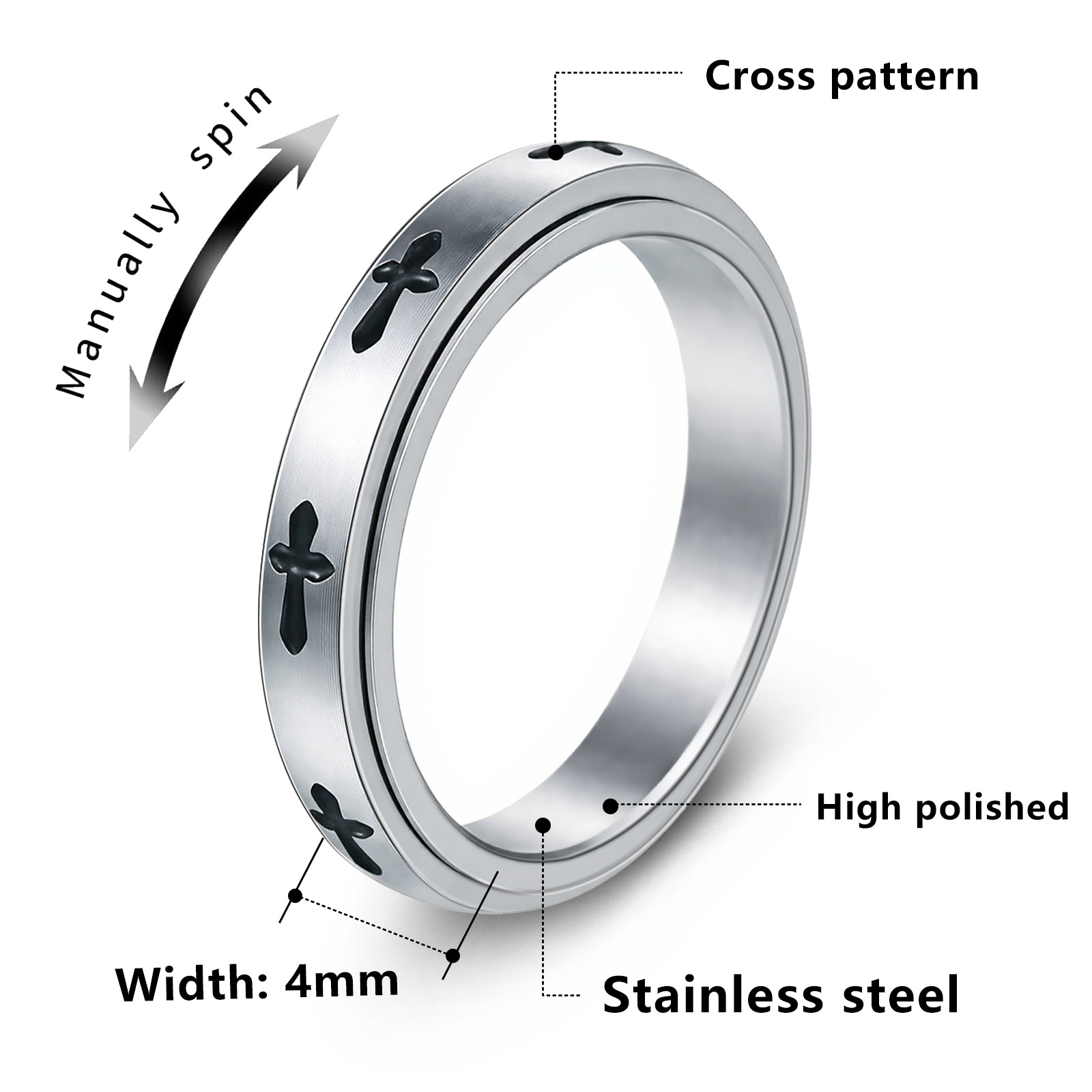 Amazon's new popular cross-shaped titanium steel ring from Europe and America, 4MM wide, rotatable, stress-relieving women's ring Item Picture