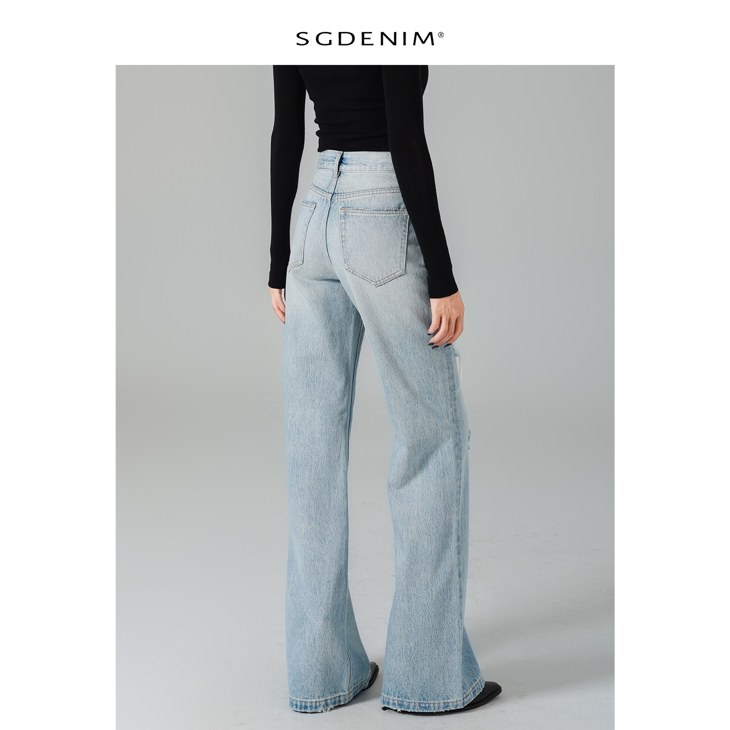 Classic light blue ripped high-waisted flared jeans for women, wide-leg retro flared pants, 25 early autumn new style, slimming Specification image