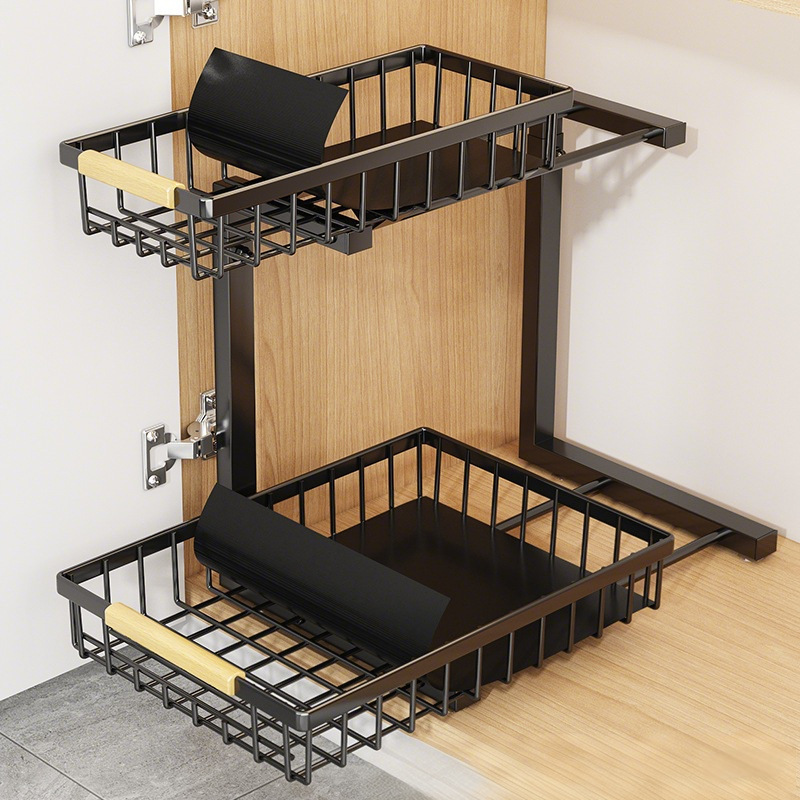 Multi-layer black metal kitchen storage rack, pull-out basket, oil, salt, soy sauce and vinegar storage rack, kitchenware organization rack, multi-functional storage rack details Picture